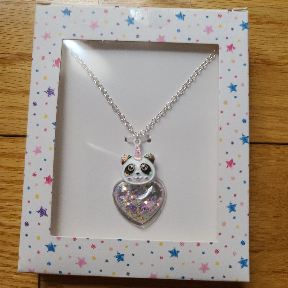 Panda Unicorn Glitter Filled Heart Necklace